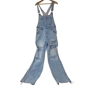 American Eagle Jeans Women's Light Wash M Distressed Baggy Bib Overalls